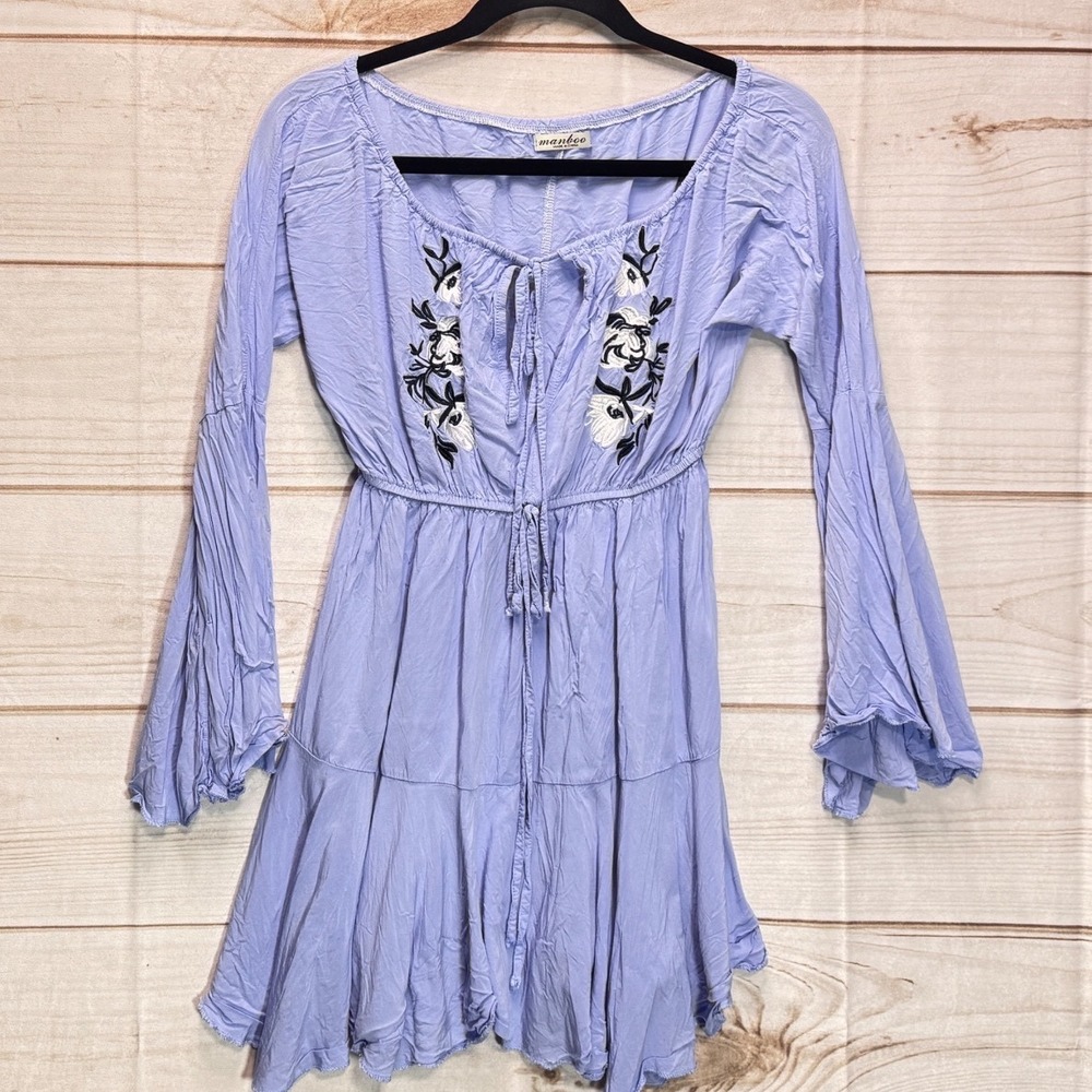 Boho Blue Floral Embroidered Mini Dress Bell Sleeve Large Festival Wear Renfaire